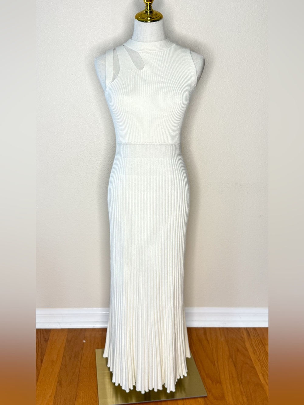 ⁠Commense Cream White Ribbed Knit Cutout High Neck Column Maxi Dress Size S